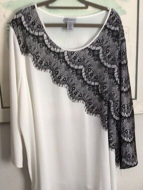 Catherines White Long-Sleeve Top with Black Lace Overlay
